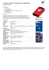 V7 Nano USB 2.0 Flash Drive 16GB Red VU216GCR-RED-2E Fiche De Données