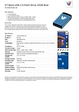 V7 Nano USB 2.0 Flash Drive 32GB Blue VU232GCR-BLU-2E Fiche De Données