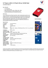 V7 Nano USB 2.0 Flash Drive 32GB Red VU232GCR-RED-2E Data Sheet