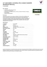 V7 2GB DDR3 1333MHz PC3-10600 SODIMM Notebook Memory V73V2GNZBII 데이터 시트