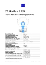 Carl Zeiss Milvus Distagon 21 mm f/ 2.8 ZF.2 Lens Betriebsanweisung